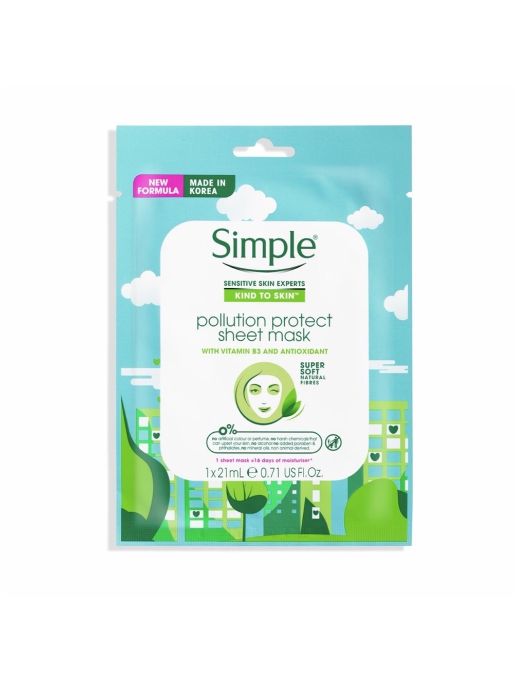 Simple Pollution Protect Sheet Mask - Green, White, Aqua